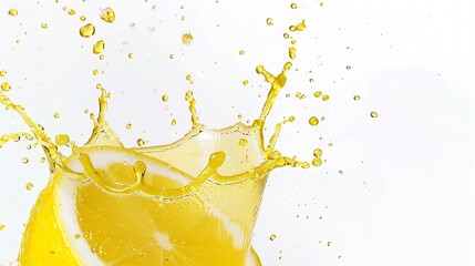 Half lemon falling into a crown shaped yellow juice splash isolated on white background : Generative AI
