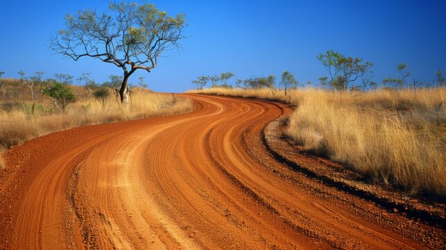 Winding dirt road through serene Australian outback landscape