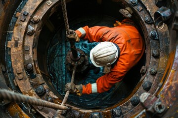 A professional male worker performing job in confined space.