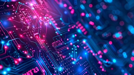 High-tech digital circuit board close-up with glowing neon lights in vibrant colors. Conceptual representation of modern technology and innovation in electronics. Futuristic design theme. AI