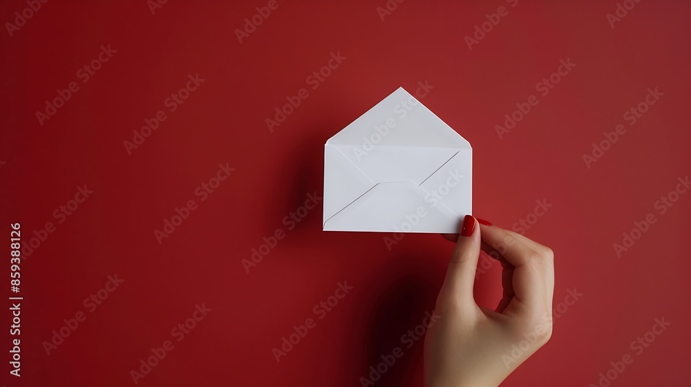 Aufkleber Dolls hand takes White notification message mail envelopes on red background Creative minimalism layout : Generative AI