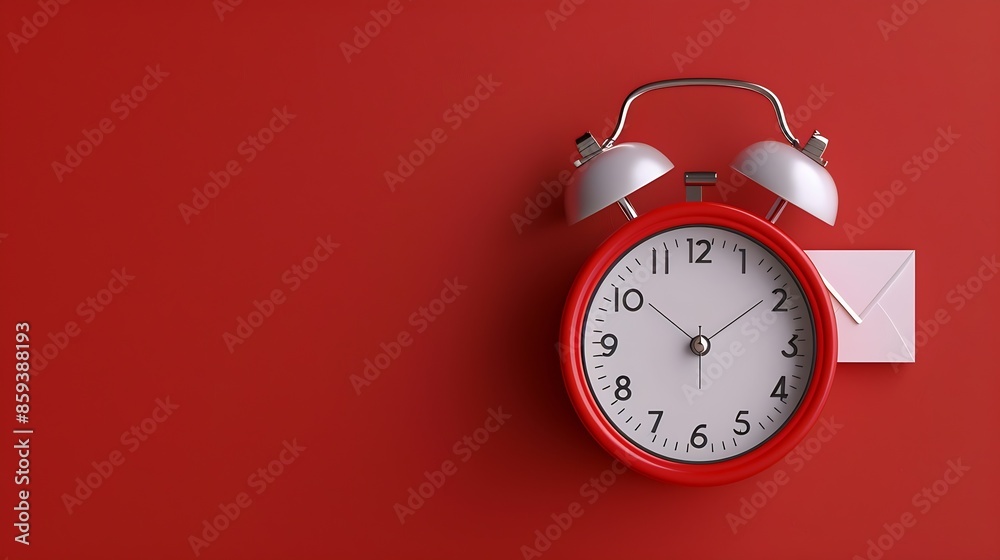 Aufkleber Alarm clock with White notification message mail envelopes on red background Creative minimalism layout : Generative AI