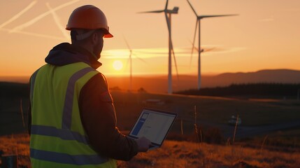An engineer in a highvisibility vest and safety helmet analyzes data on a laptop with wind turbines in the background during sunset : Generative AI