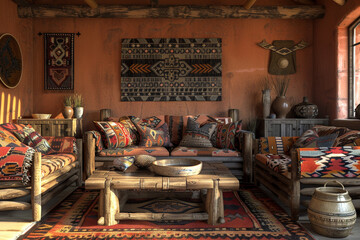 A southwestern living room with earthy tones, tribal patterns, and rustic wooden furniture.