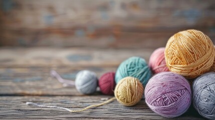 Yarn balls on wood surface for knitting