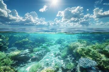 Spectacular Underwater Coral Reef with Vibrant Marine Life Under Clear Blue Skies and Sunlight Streaming Through Crystal Clear WaterUnderwater