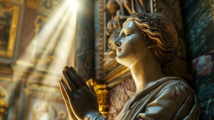 Obraz premium A statue of Mary praying, in the background is an ornate church with intricate carvings and gold leaf decorations, rays of sunlight piercing