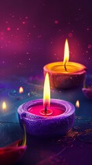 A close up of two Oil lamps Diya in purple and yellow. Warm and inviting Diwali mood
