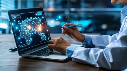 Fototapeta premium AI in Healthcare: Medical holographic interface interactions, displays medical data and AI diagnostics. Artificial intelligence technology. Digital tech. 