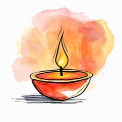 A candle is lit in Diya oil lamps. Diwali, Hindu festival of lights celebration. Watercolor.