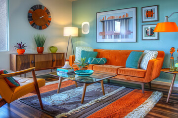A stylish living room with mid-century modern furniture, vibrant decor, and a touch of retro charm.