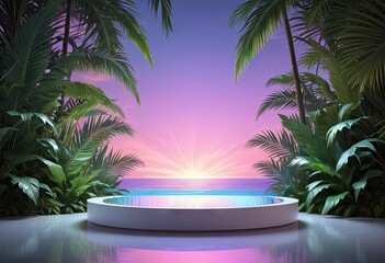 Obraz premium Empty podium for product presentation with palm leaf on seascape, palm trees, summer