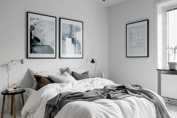 A stylish white bedroom with Scandinavian decor, minimalist furniture, and abstract art posters above the bed.