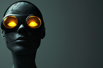 Mysterious figure with glowing eyes wearing futuristic goggles