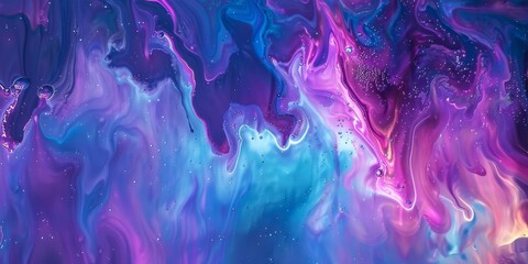 Abstract fluid painting with cosmic vibes, swirling in purple, blue and gold shades, reminiscent of a galaxy.