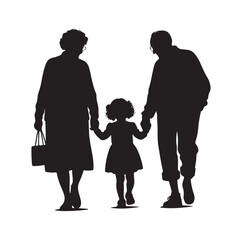 grandparents walking with granddaughter vector silhouette Illustration