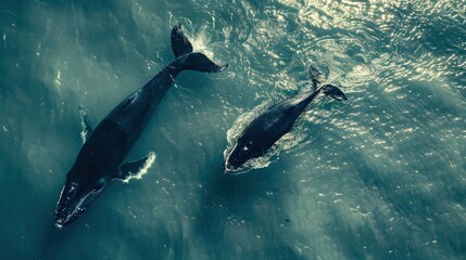 Fototapeta premium Top view of humpback whale and calf in the ocean on the surface of the ocean in Australia, New South Wales. aerial view,