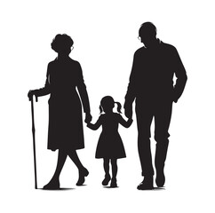 grandparents walking with granddaughter vector silhouette Illustration 