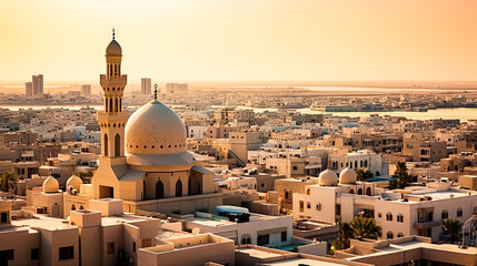 A cityscape with a large blue dome on top of a building.