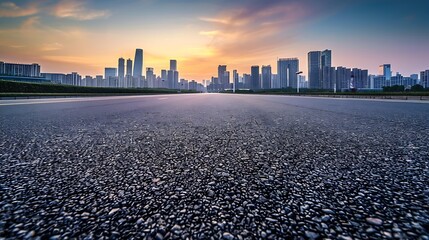 Asphalt road and city skyline with modern building at sunset in Suzhou Jiangsu Province China High Angle view : Generative AI