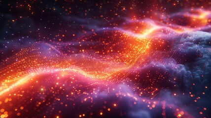 Obraz premium Abstract Digital Waveform with Glowing Particles in a Vibrant Cosmic Nebula, Radiant Light Streaks and Fiery Orange Energy FlowDigital art