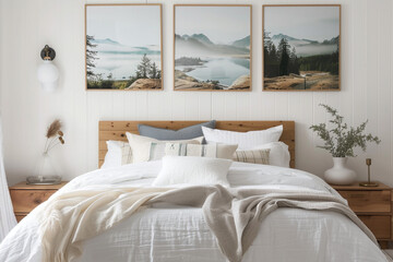 A tranquil white bedroom with a wooden bed frame, soft linens, and calming landscape posters above the bed.