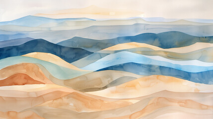 colorful sand dunes shades of beige brown, blue watercolor abstract desert background