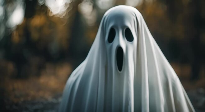Spooky ghost lurks in the eerie woods, creating a chilling halloween atmosphere with its white sheet costume. Stand out at your costume party with this creepy image!