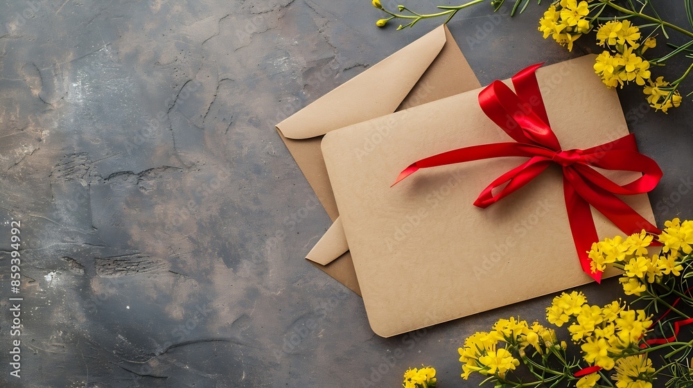 Poster romantic vintage background of blank card envelope yellow flowers and gift wrap with a red bow copy 