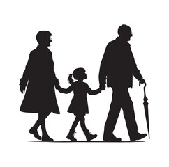 grandparents walking with granddaughter vector silhouette Illustration 