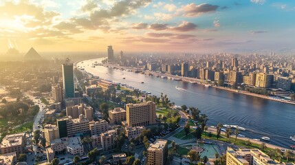 Modern Cairo downtown aerial view over the Nile Egypt : Generative AI