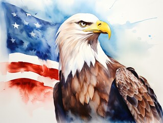 Naklejka premium A bald eagle stands in front of the American flag. The eagle is looking directly at the camera, with its eyes wide open. Concept of patriotism and pride in the United States