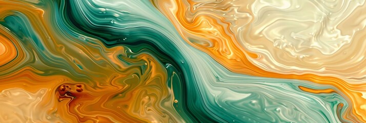 Vivid abstract fluid art in orange, teal, and cream hues, creating a stunning colorful swirl effect.