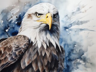 Obraz premium A large eagle with its head turned to the side. The painting is in blue and white colors