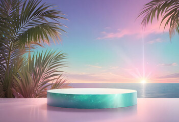 Obraz premium Empty podium for product presentation with palm leaf on seascape, palm trees, summer