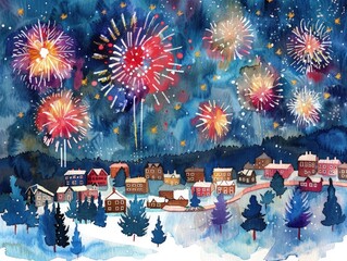 A painting of a town with houses and trees, and fireworks in the sky. The mood of the painting is festive and joyful, as the fireworks are a symbol of celebration