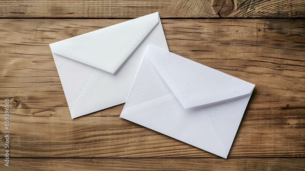 Aufkleber Blank paper envelopes on wooden table background Front and back side Template for your design Top view : Generative AI