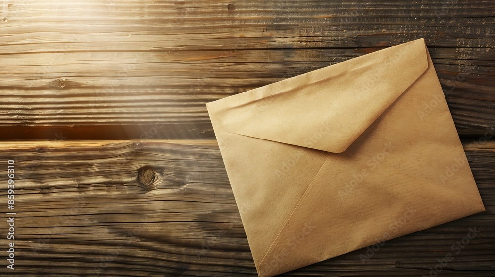 Poster back side of blank envelope on wooden background in sun rays : generative ai