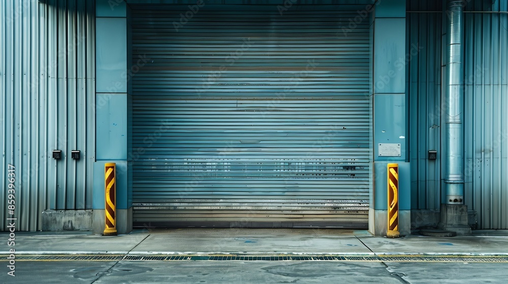 Poster closed metal grate rolling door of the warehouse storage or service garage view from in front of the