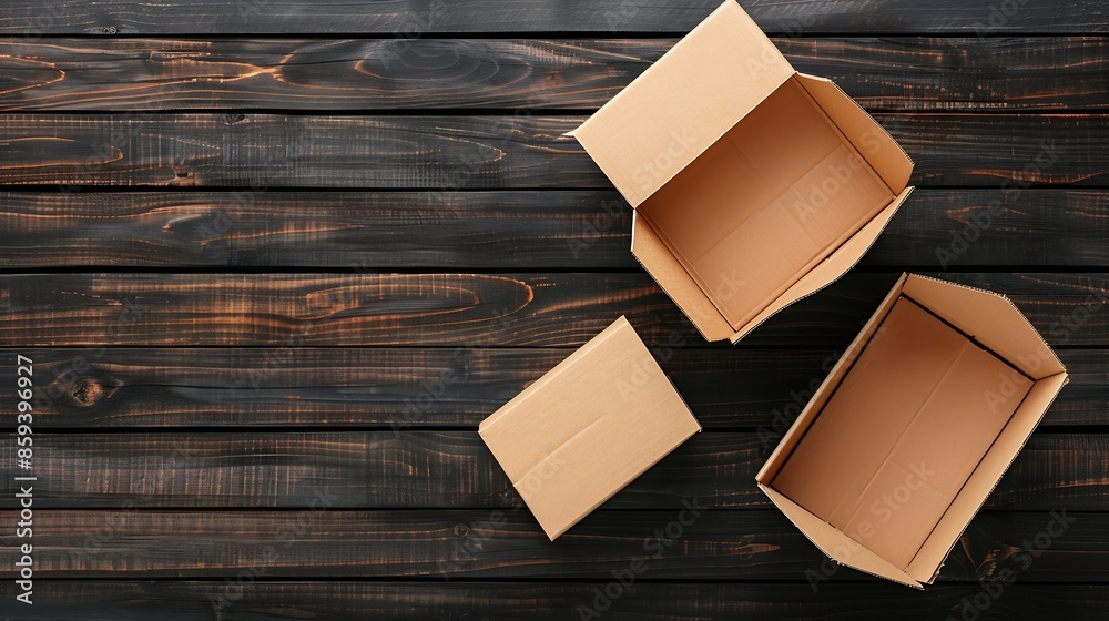 Aufkleber Open and closed carton boxes isolated on dark timber backgroundTop view : Generative AI
