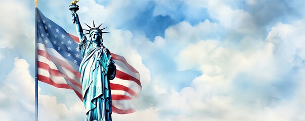 Naklejka premium A statue of liberty stands in front of a flag. The flag is blue, white, and red