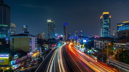 Naklejka premium Jakarta City Light Painting Long Exposure With Vehicle and Building With Neon Colorfull Light For Tourist Night at Highway Indonesia : Generative AI