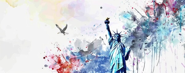 A painting of the Statue of Liberty with a bird flying in the background. The painting is full of color and has a lively, energetic feel to it