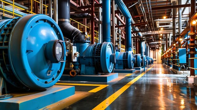 Industrial interior chiller and boiler HVAC heating ventilation air conditioning system and pipping line of industrial construction at boiler pump room system in the factory : Generative AI