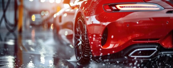 Modern red luxury sport  car in a car wash with foam, transport concept banner. Generative AI.
