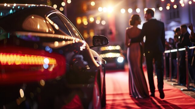 Couple in elegant evening wear getting out of their luxury car onto the red carpet at an event.