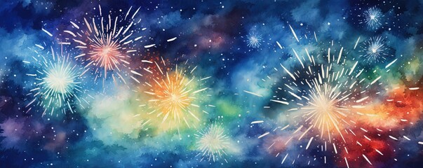 Fototapeta premium A colorful fireworks display in the sky. The fireworks are in different colors and are scattered throughout the sky. Scene is festive and celebratory