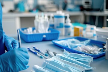 A medical professional's gloved hands interact with sterilized instruments and face masks in a clinical setting.