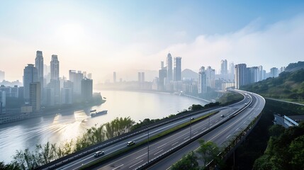 Fototapeta premium The expressway and the modern city skyline are in Chongqing China : Generative AI