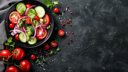 Fresh vegetable salad in a black bowl with tomatoes, cucumbers, red onions, and lettuce on a dark background. Healthy eating concept. Vibrant colors and clean composition. Stock image. AI